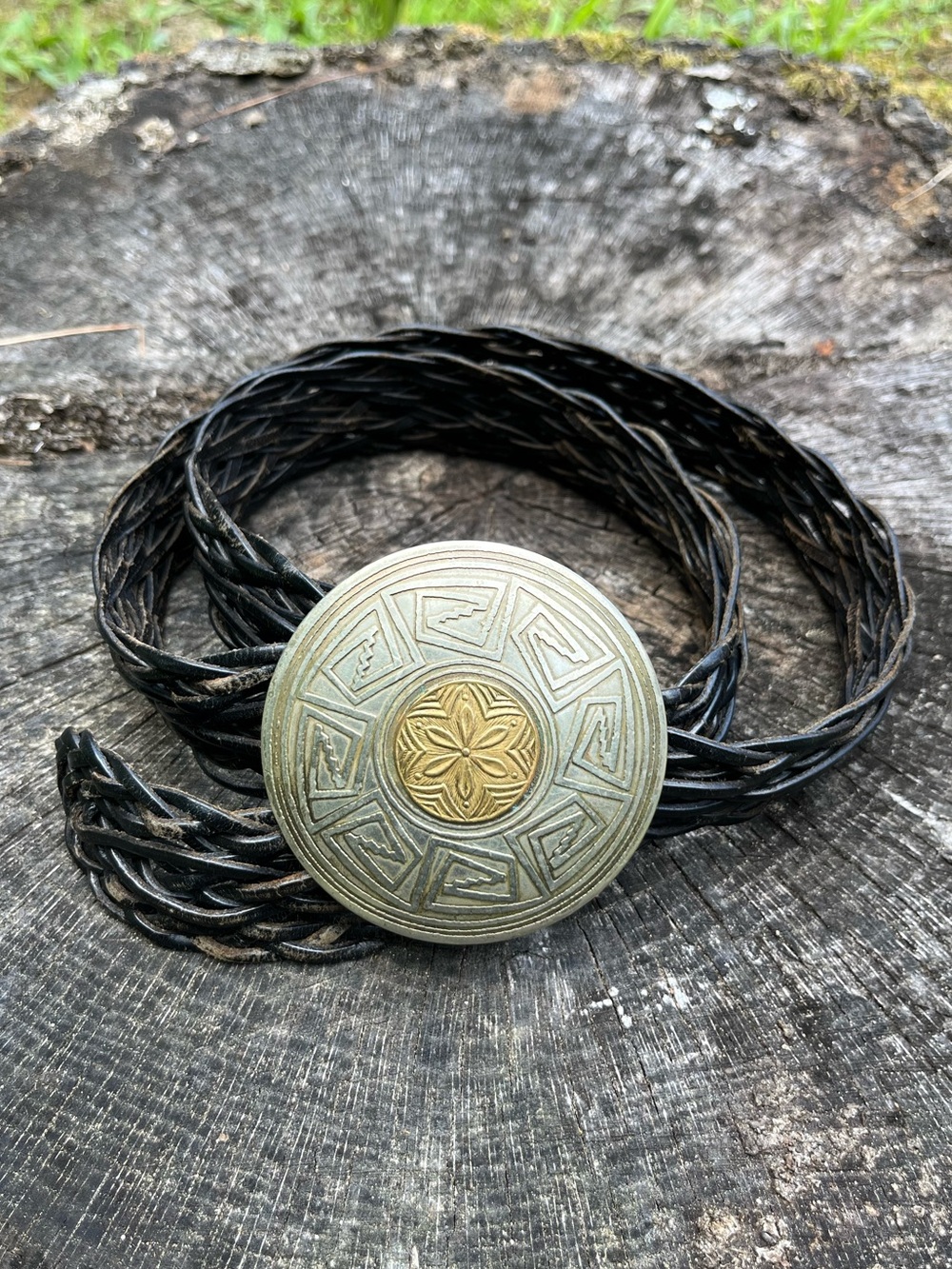 Y2K Chico’s Distressed Braided Genuine Leather Mixed Metal Medallion Belt Boho